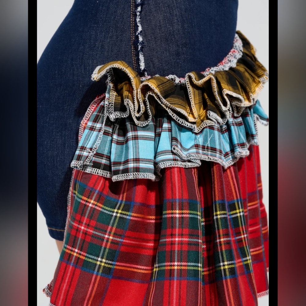 AKIRA CALL‎ ME BACK DENIM SKIRT WITH PLAID Detail Multi Color small - Picture 3 of 11